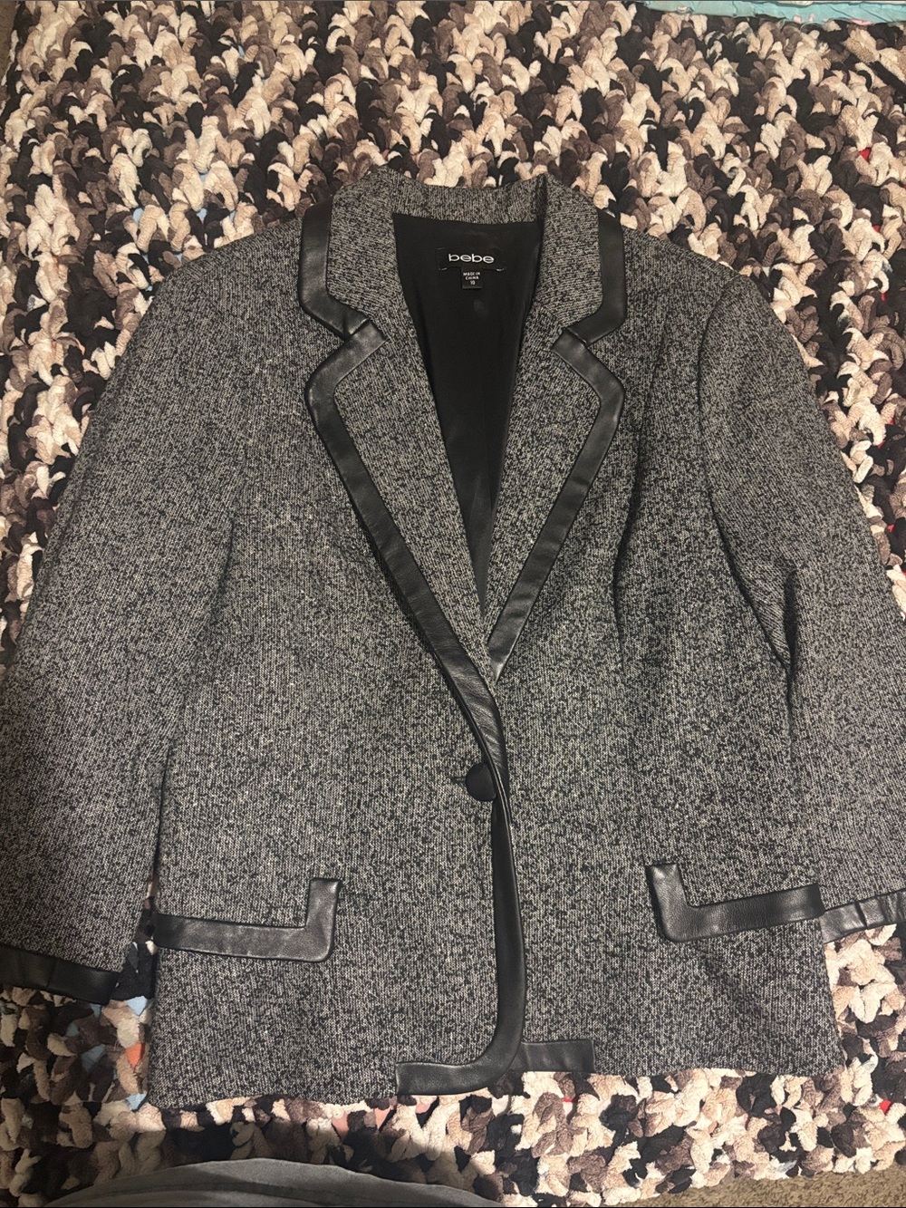 bebe Gray Tweed Blazer with Black Faux-Leather Trim